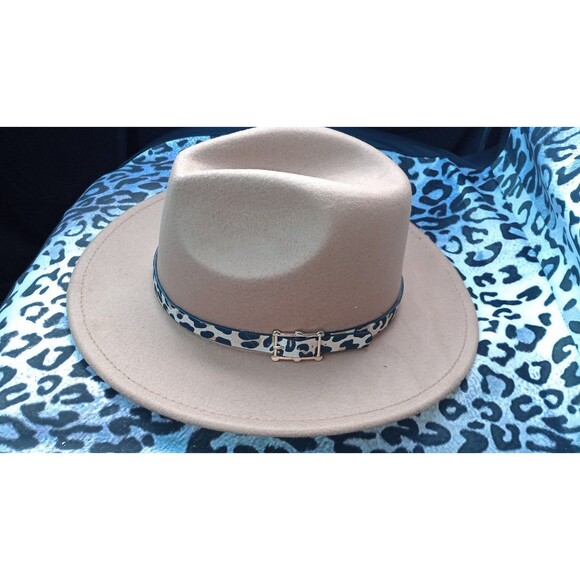 New! Women's Wide Brim Felt Fedora Panama Hat with Leopard Print Buckle - Picture 3 of 9